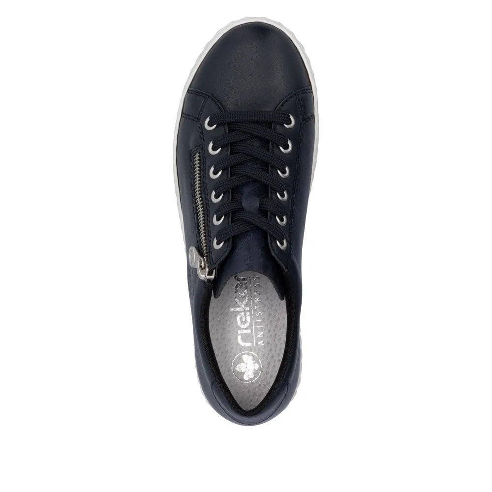 Rieker N0900-14 Ladies Pacific Leather Sneakers with Zip & Lace, navy blue, cushioned insole, rubber sole, stylish casual footwear.