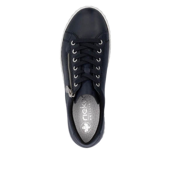 Rieker N0900-14 Ladies Pacific Leather Sneakers with Zip & Lace, navy blue, cushioned insole, rubber sole, stylish casual footwear.