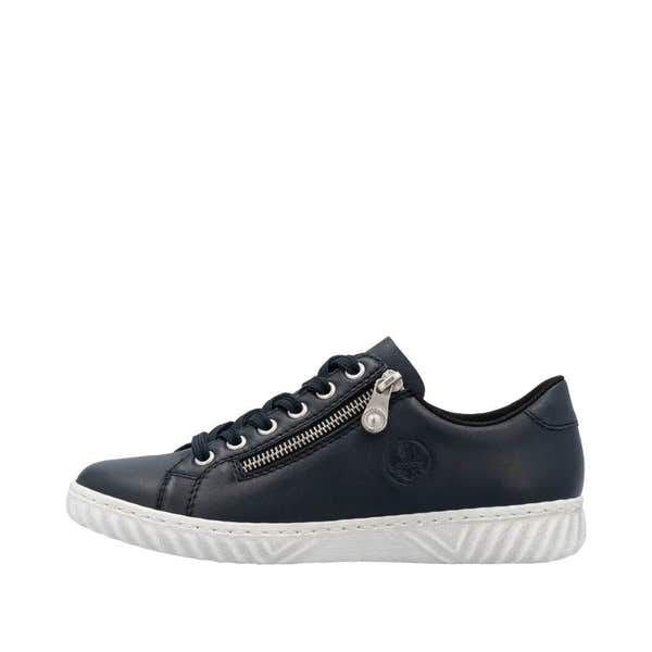 Rieker N0900-14 women's navy leather casual sneaker with zipper and lace-up, white rubber sole.