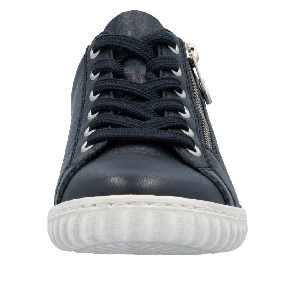 Rieker N0900-14 women's navy leather sneaker with zip and lace closure, white sole, showcasing stylish casual footwear.