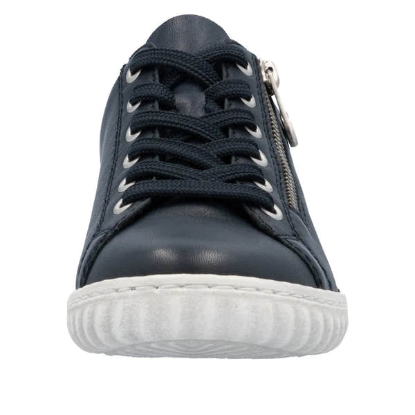 Rieker N0900-14 women's navy leather sneaker with zip and lace closure, white sole, showcasing stylish casual footwear.