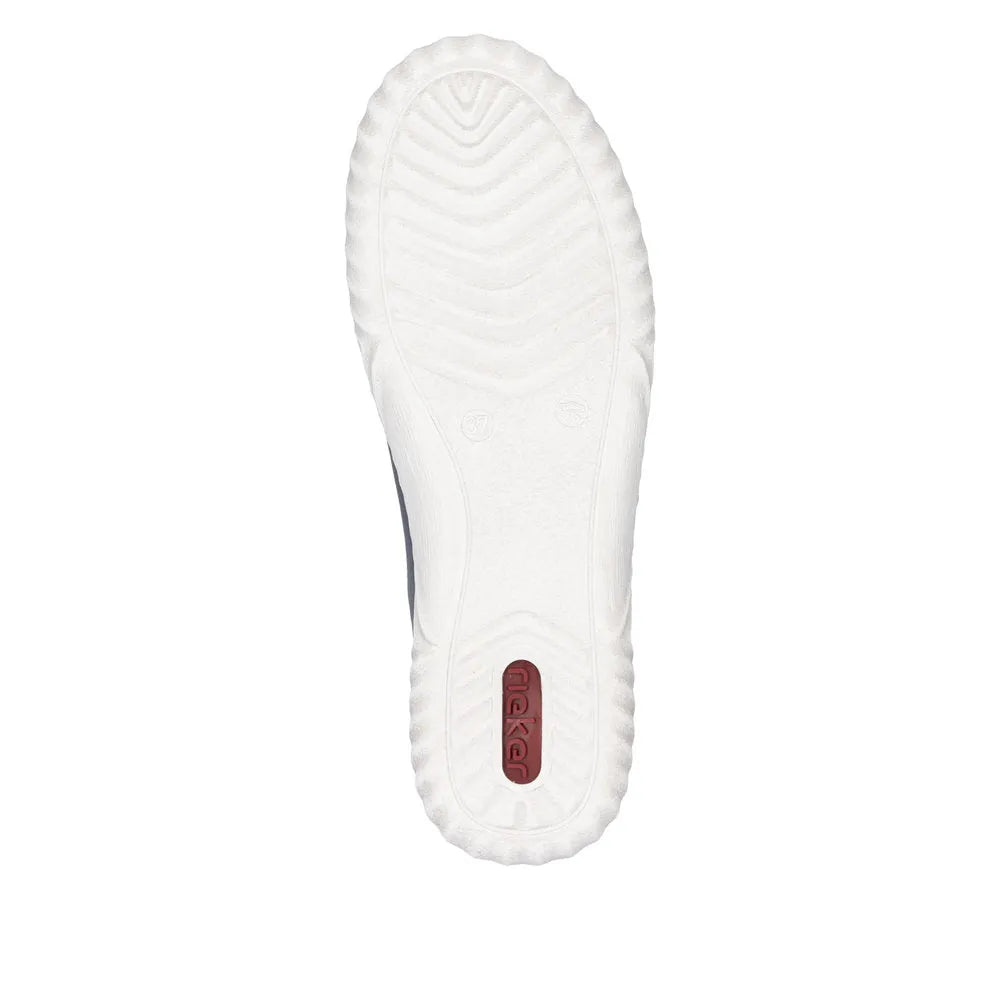 Rieker N0900-14 ladies Pacific leather shoes with zip and lace details, white outsole, slip-on design.