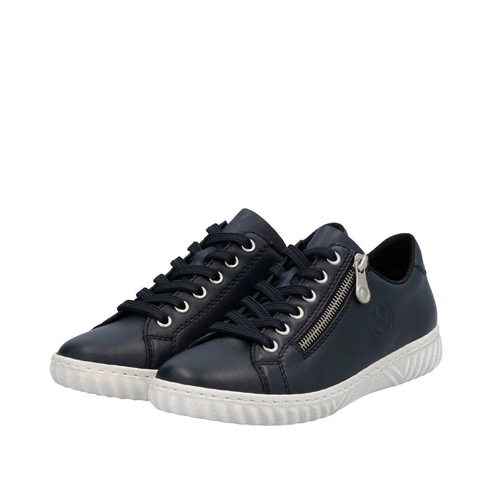 Rieker N0900-14 women's navy leather casual sneakers with lace-up closure and side zipper, rubber sole.