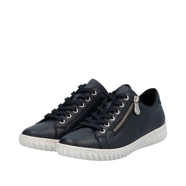 Rieker N0900-14 women's navy leather casual sneakers with lace-up closure and side zipper, rubber sole.