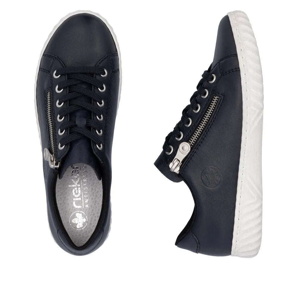 Rieker N0900-14 women's navy leather zip and lace-up casual sneakers with white sole and side zipper detail.