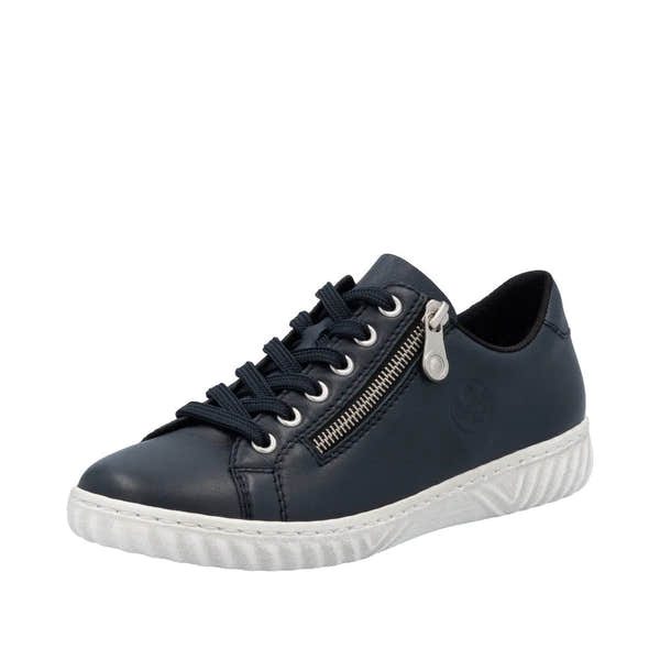 Rieker N0900-14 Ladies Pacific Leather Zip & Lace Casual Shoes, black, with side zipper, lace-up closure, and white rubber sole.