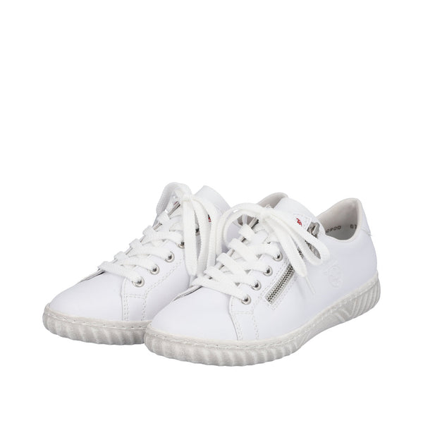 Rieker N0900-81 Ladies White Leather & Textile Zip & Lace Trainers-elevate your sole