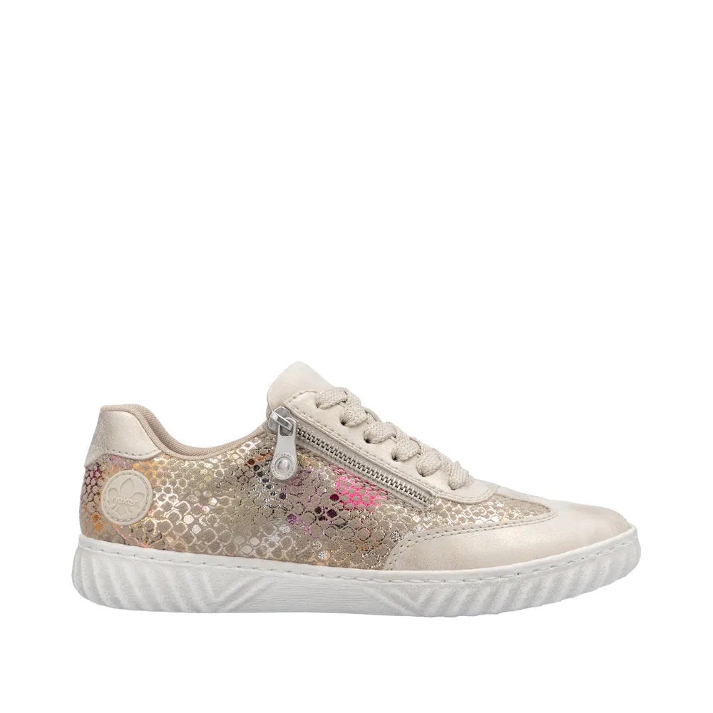 Rieker N0902-90 women's multi-zip and lace casual shoes with holographic sequined design and white rubber sole.