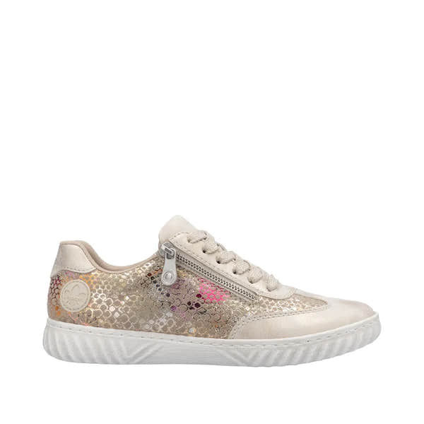Rieker N0902-90 women's multi-zip and lace casual shoes with holographic sequined design and white rubber sole.