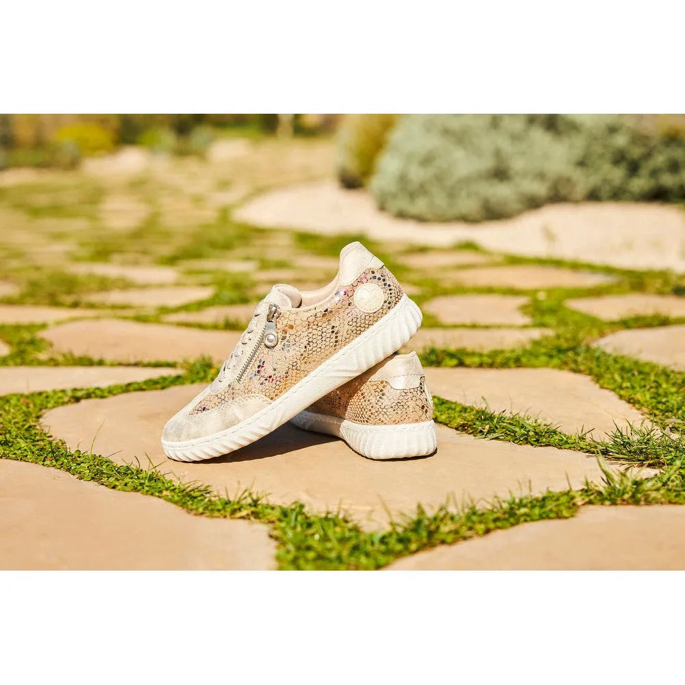 Rieker N0902-90 ladies' multi-zip and lace casual shoes with metallic and textured details, white sole, perfect for spring and summer.