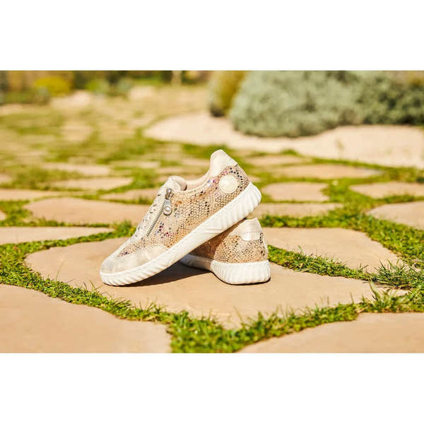 Rieker N0902-90 ladies' multi-zip and lace casual shoes with metallic and textured details, white sole, perfect for spring and summer.