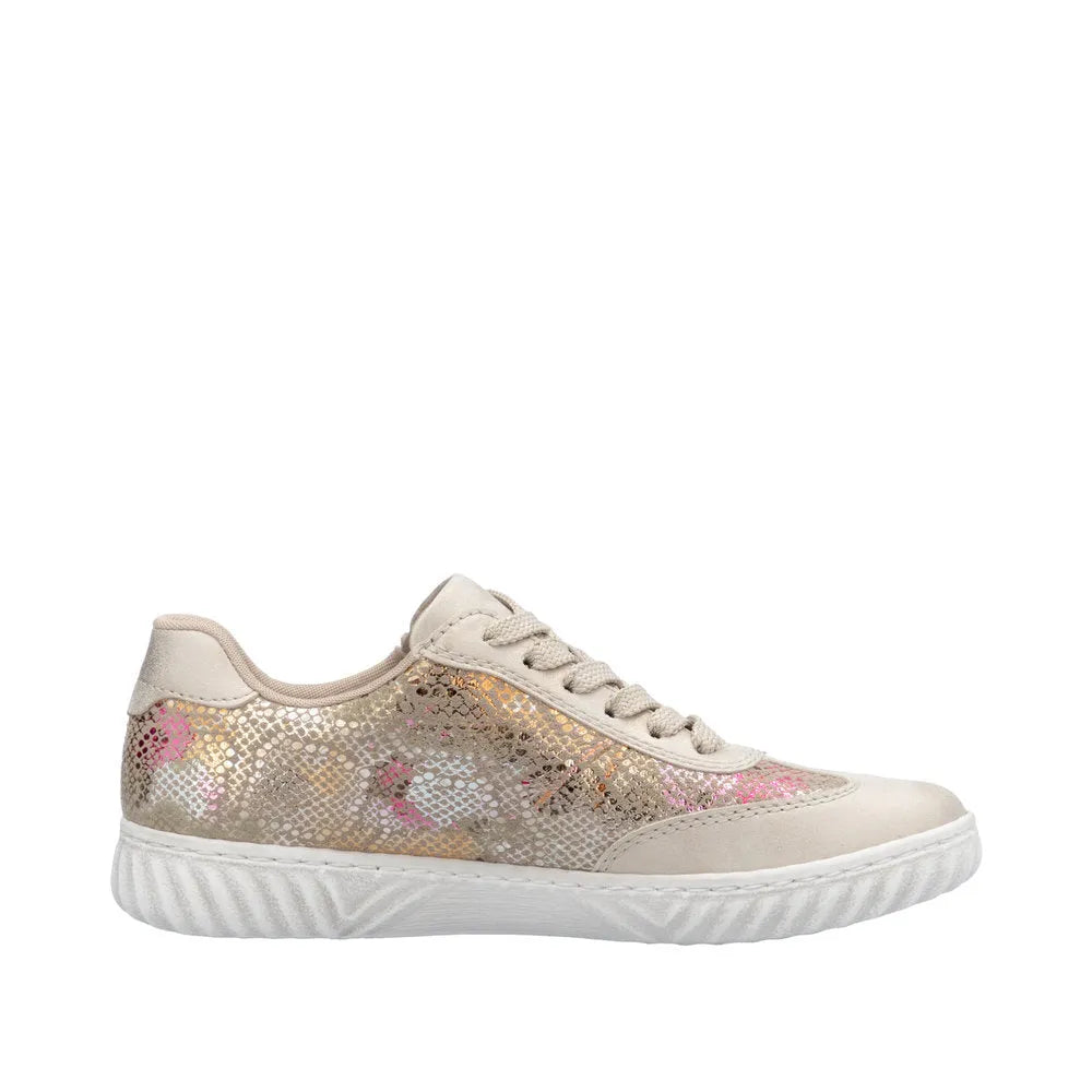 Rieker N0902-90 women's multi zip and lace casual sneakers with metallic, glittery details, lightweight white sole, stylish and comfortable.