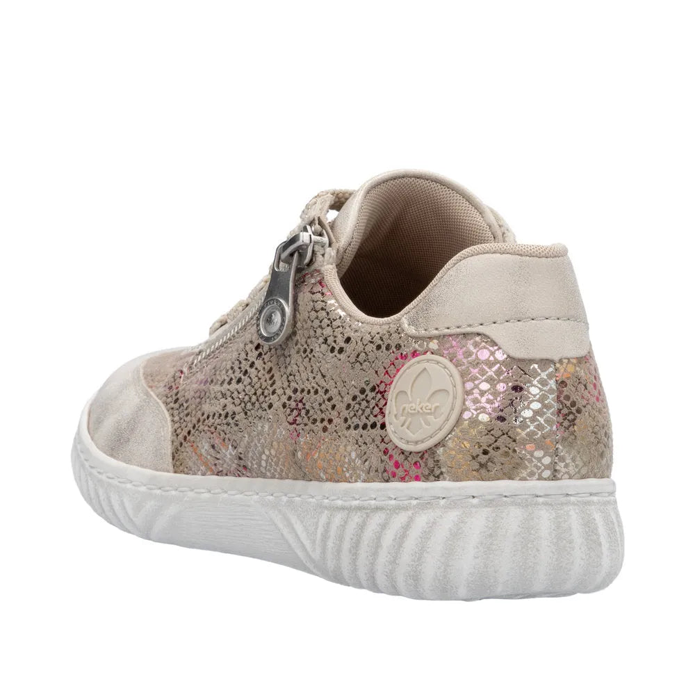 Rieker N0902-90 women's lace-up shoes with multi-zip design, beige snake print pattern, and cushioned white sole.