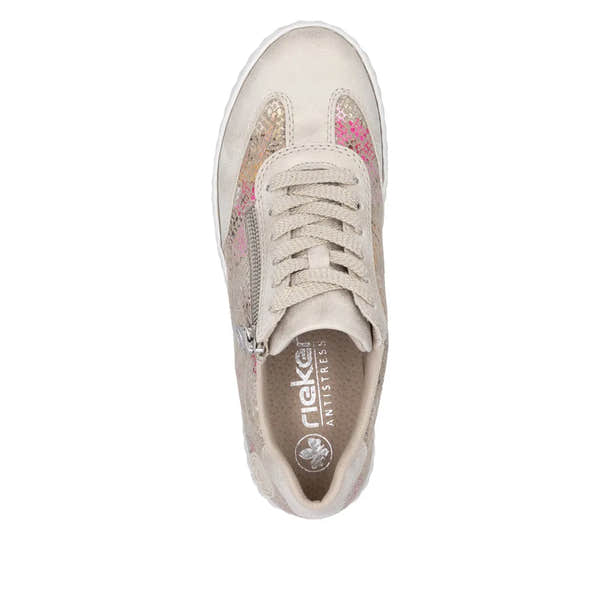 Rieker N0902-90 women's multi-zip lace-up shoes with metallic accents and comfortable cushioning.