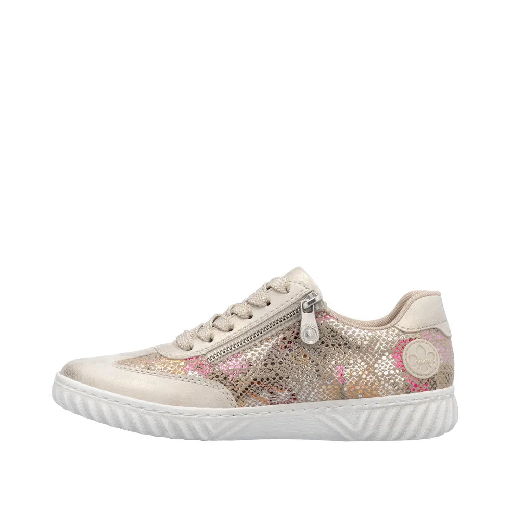 Rieker N0902-90 women's multi-zip lace-up shoes with metallic sequined design and white rubber sole.