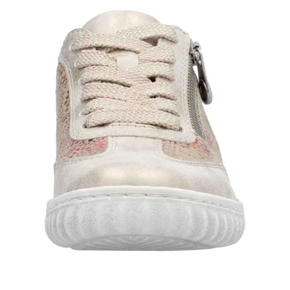 Rieker N0902-90 women's multi-zip and lace casual shoes with beige suede and fabric upper, side zipper, and comfortable white rubber sole.