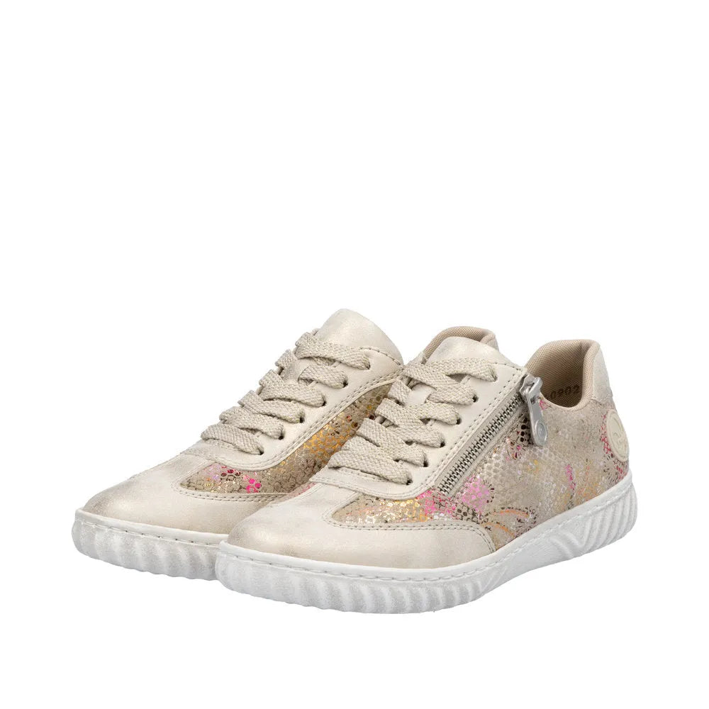Rieker N0902-90 ladies' multi-zip lace-up sneakers with floral design, side zipper, white sole, and comfortable casual style.
