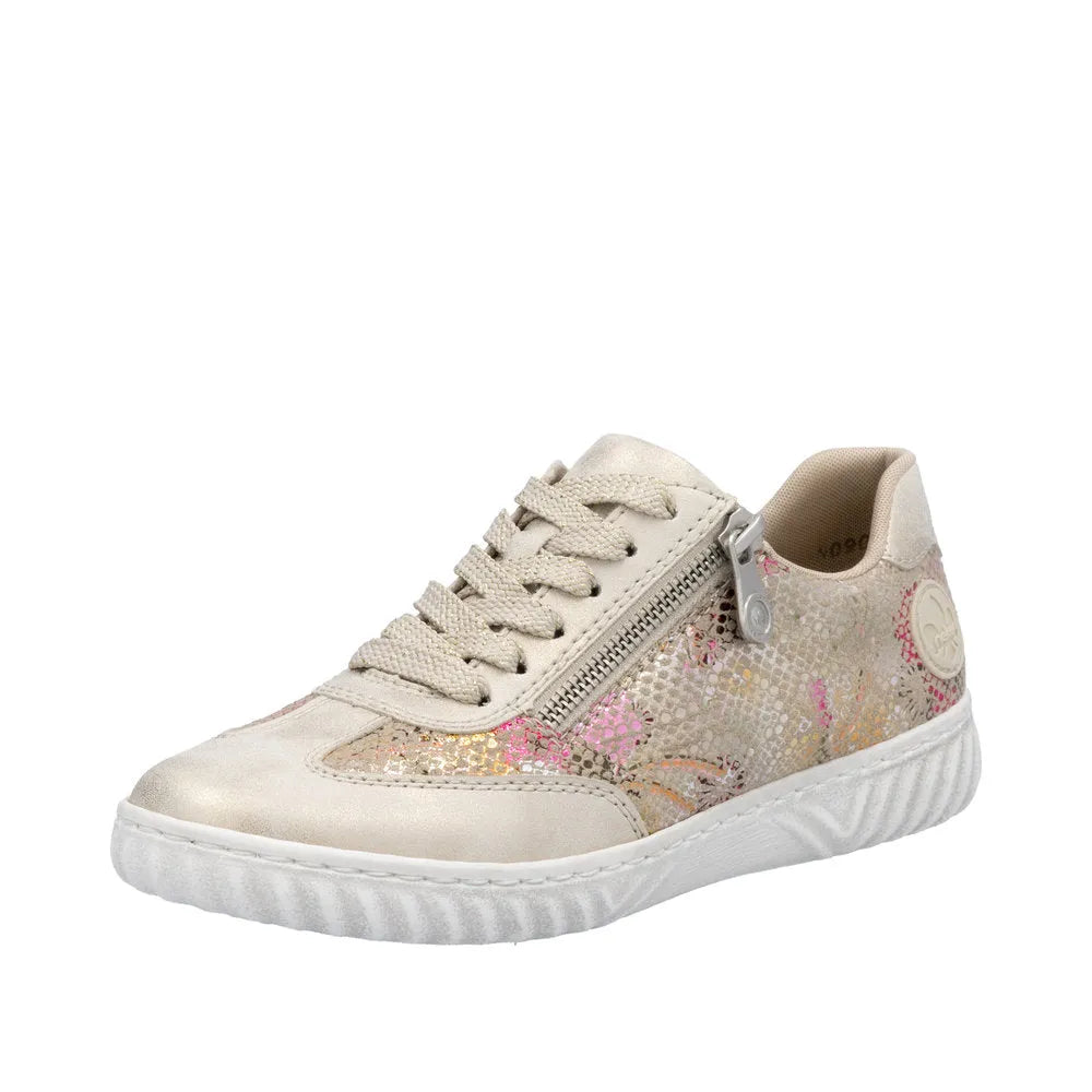 Rieker N0902-90 ladies' multi-zip and lace casual sneakers with floral accents, lightweight sole, and side zipper closure.