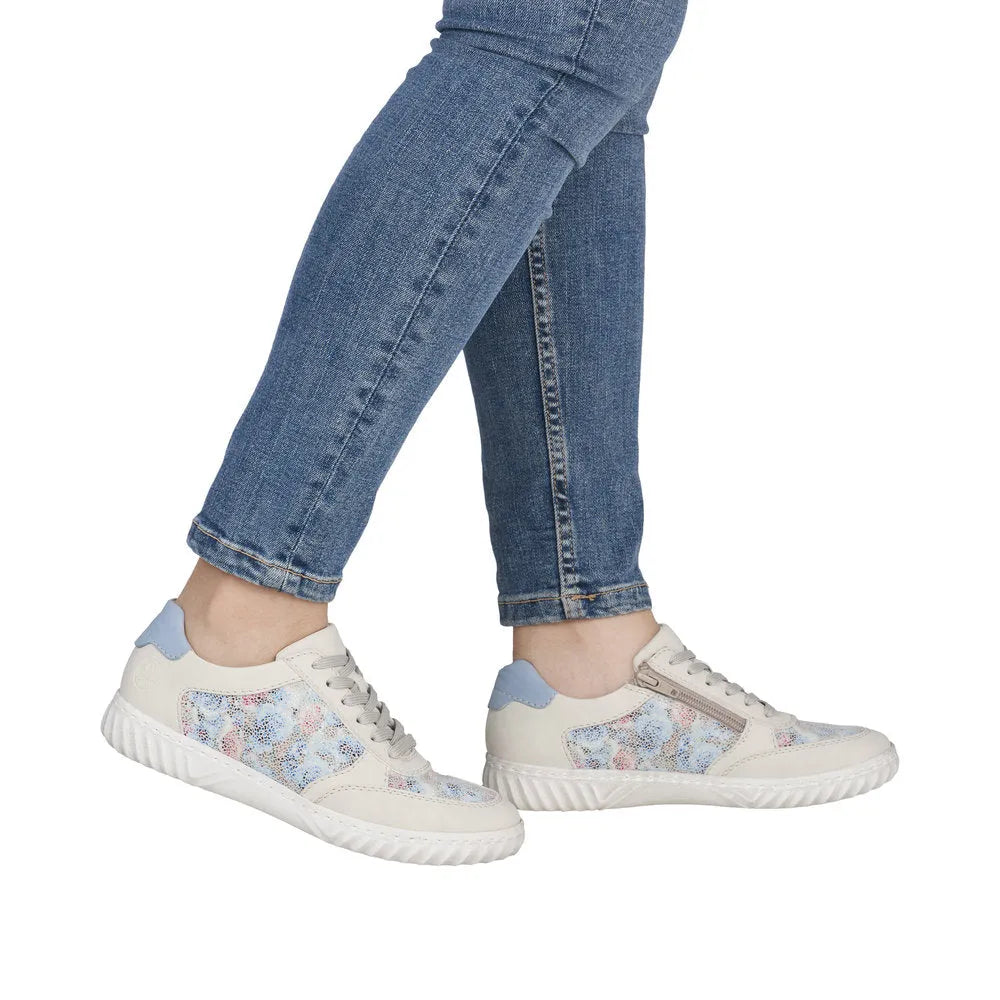 Rieker N0904-90 ladies multi suede lace-up shoes with floral print, blue accents, and white soles.