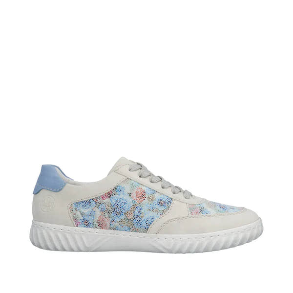 Rieker N0904-90 ladies multi suede lace-up shoes with pastel accents and textured side panels, rubber sole, and light blue heel detail.