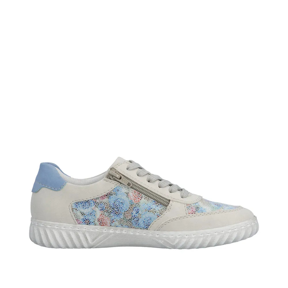 White and pastel blue lace-up shoes with floral mesh accents, suede details, and a zipper on the side.