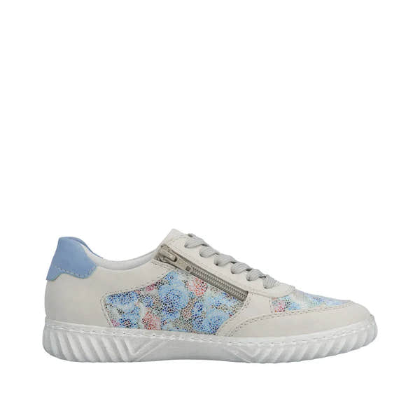 White and pastel blue lace-up shoes with floral mesh accents, suede details, and a zipper on the side.