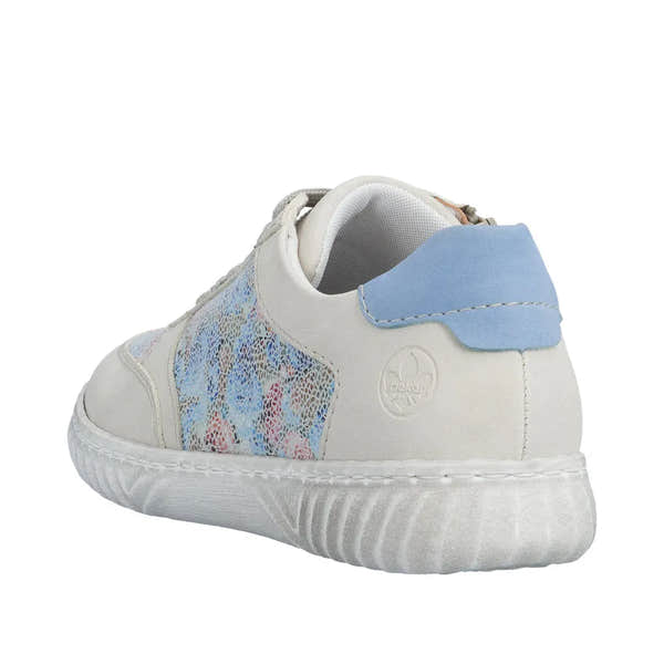 Rieker N0904-90 ladies multi suede lace-up shoes with pastel blue heel tab and multicolored textured side panel.