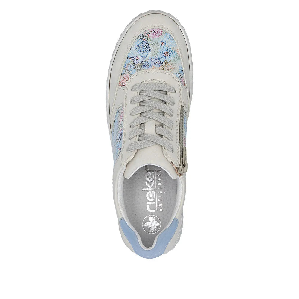 Rieker N0904-90 ladies multi suede lace-up shoes with a colorful, textured pattern on the upper and a side zipper detail.