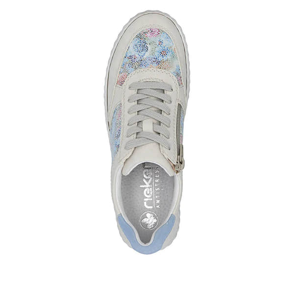 Rieker N0904-90 ladies multi suede lace-up shoes with a colorful, textured pattern on the upper and a side zipper detail.