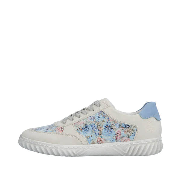 Rieker N0904-90 ladies multi suede lace-up shoes with floral patterned panels and a chunky white sole, accented with light blue heel detail.
