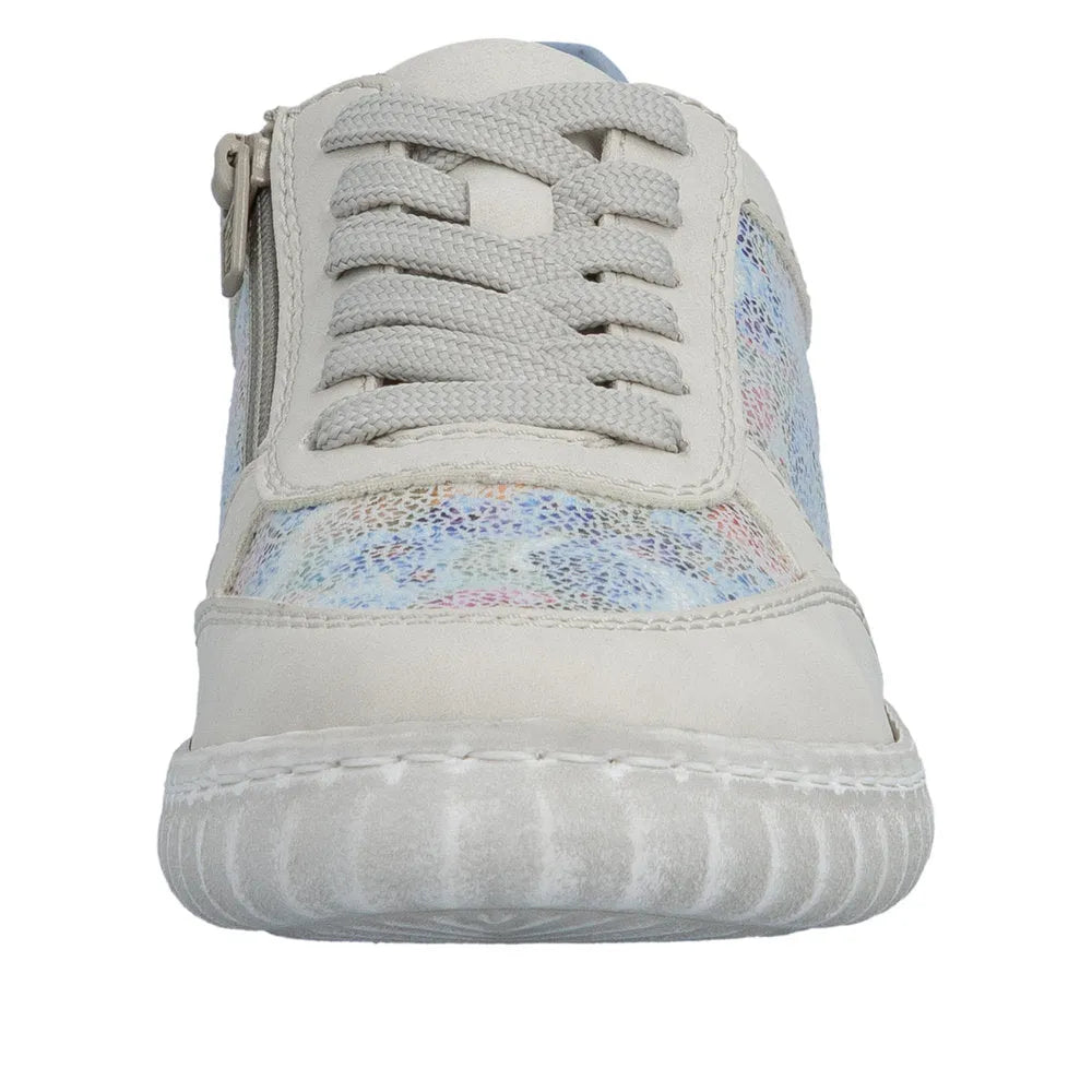 Rieker N0904-90 ladies multi suede lace-up shoes with colorful patterned accents and a white rubber sole.