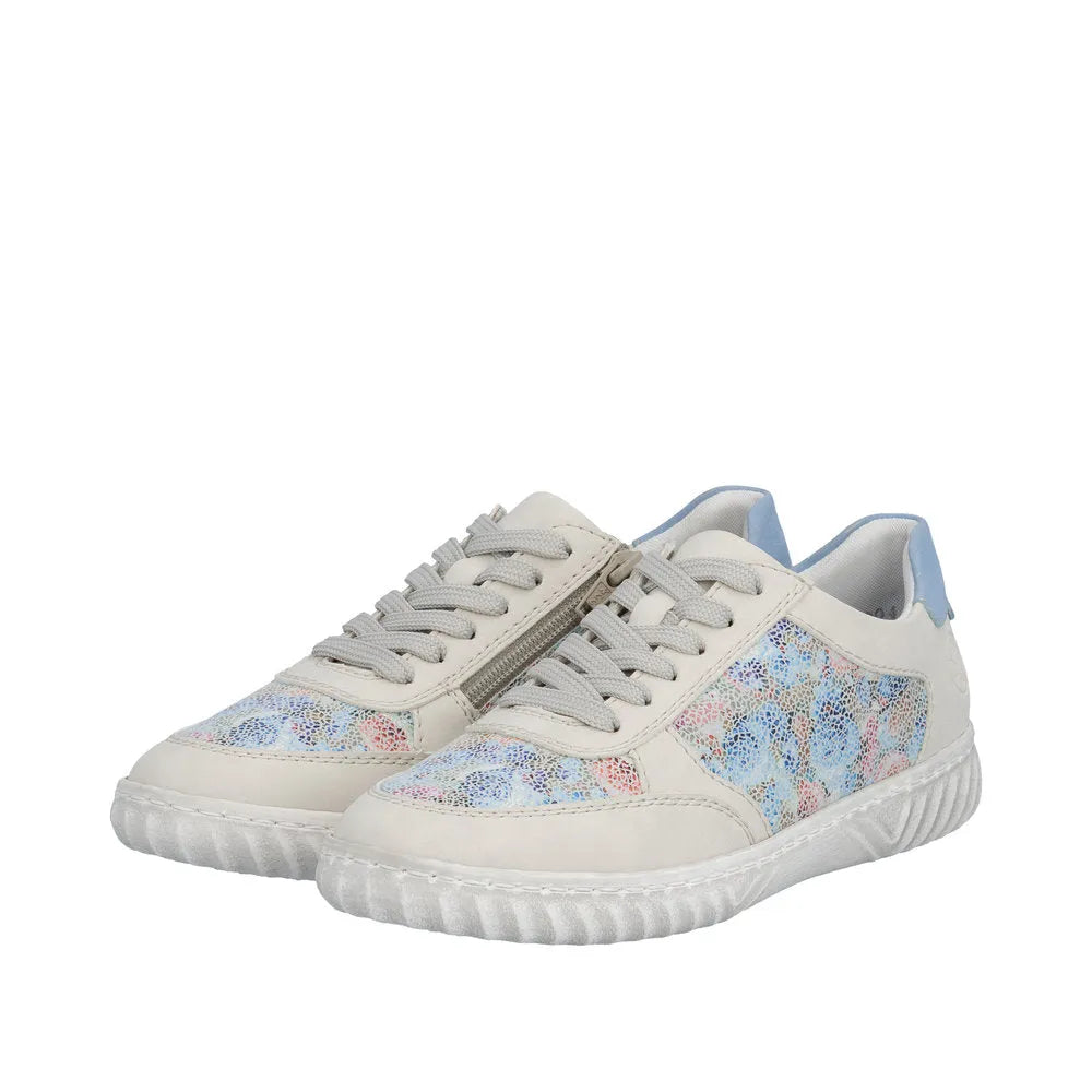 Rieker N0904-90 women's multi suede lace-up shoes with floral patterned panels and light blue accents.