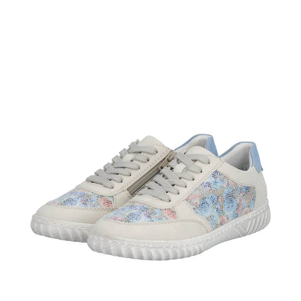 Rieker N0904-90 women's multi suede lace-up shoes with floral patterned panels and light blue accents.