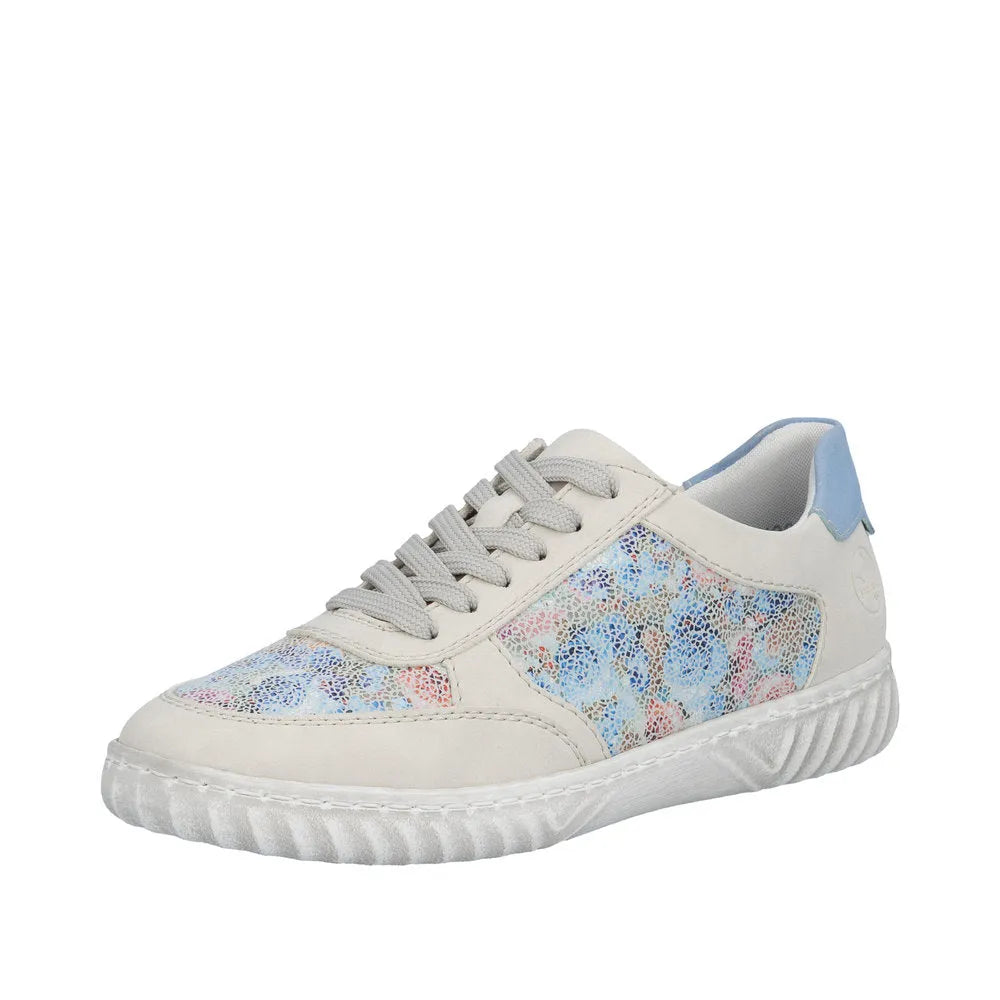 Rieker N0904-90 Ladies multi suede lace-up shoes with floral-patterned panels, white sole, and light blue heel detail.