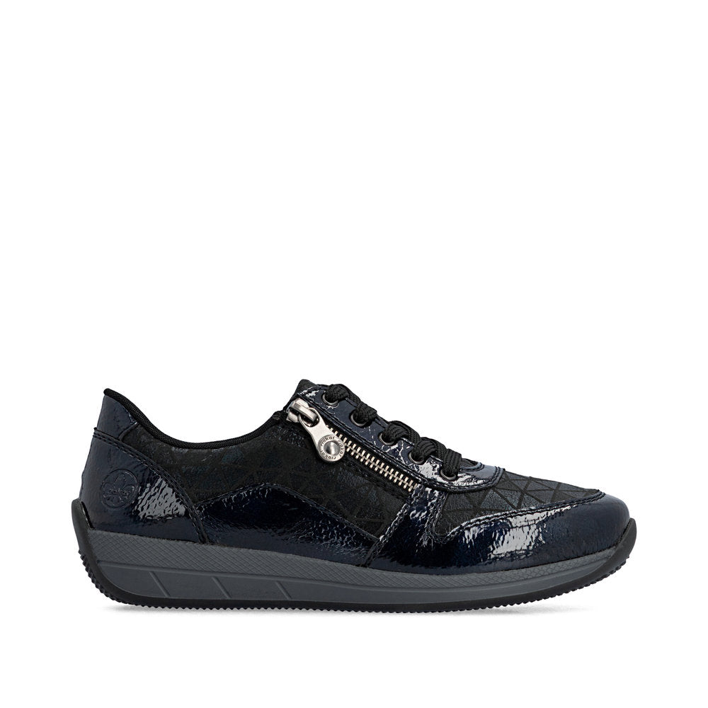 Rieker N1100-14 women's wide navy/black zip & lace shoes, opposite side view.