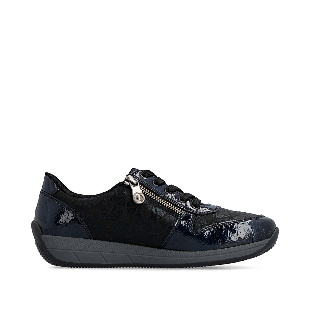 Rieker N1100-14 women's wide navy/black zip & lace shoes, outer side view.