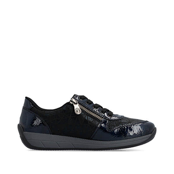 Rieker N1100-14 women's wide navy/black zip & lace shoes, outer side view.