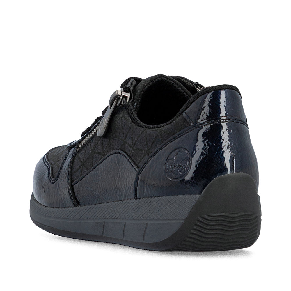 Rieker N1100-14 women's wide navy/black zip & lace shoes, rear three-quarter view.