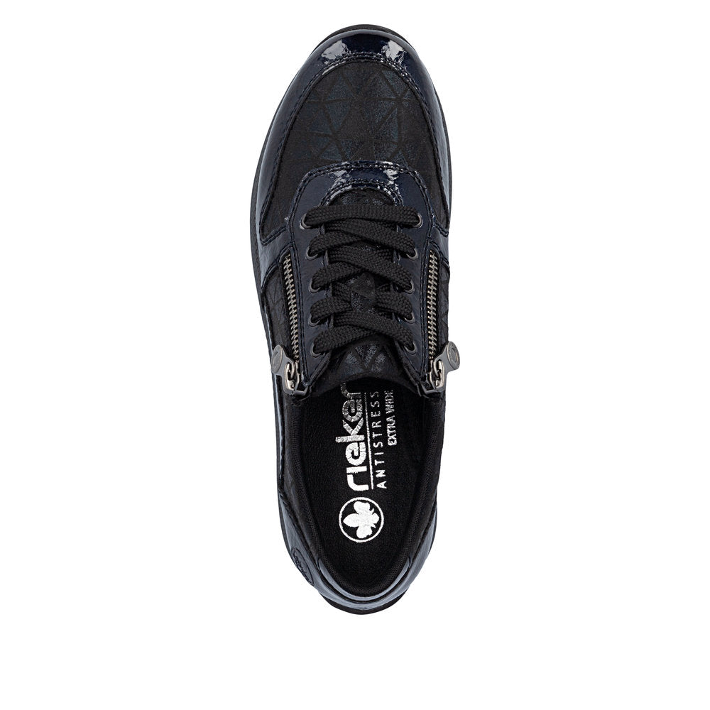 Rieker N1100-14 women's wide navy/black zip & lace shoes, top view.