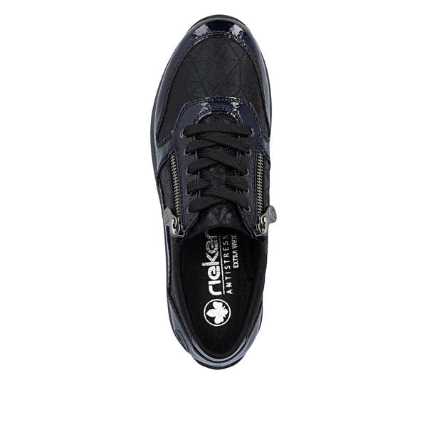 Rieker N1100-14 women's wide navy/black zip & lace shoes, top view.