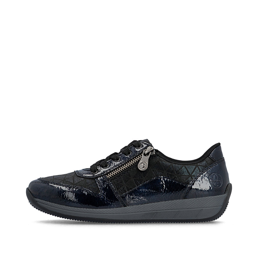 Rieker N1100-14 women's wide navy/black zip & lace shoes, inner side view.