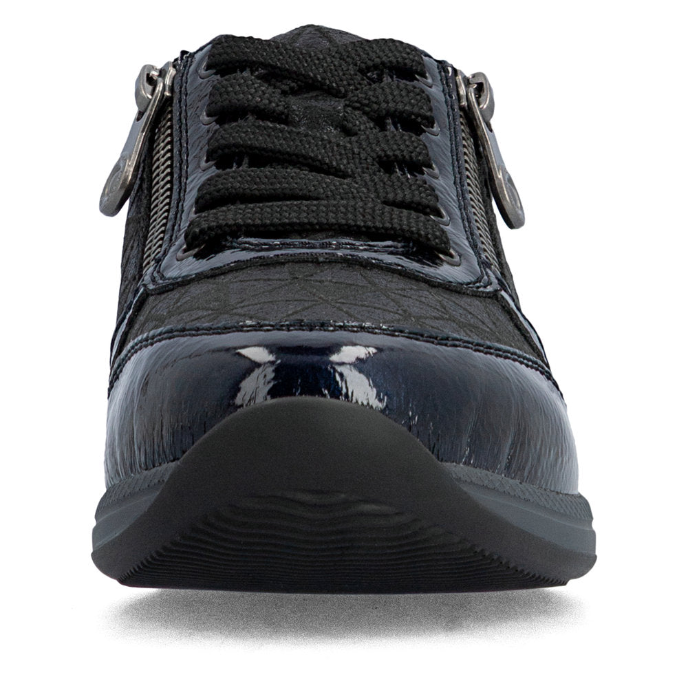 Rieker N1100-14 women's wide navy/black zip & lace shoes, front view.
