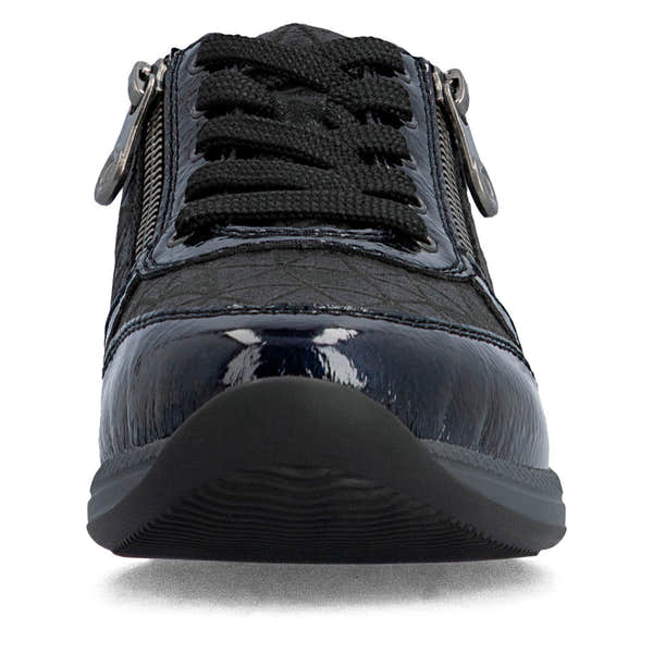 Rieker N1100-14 women's wide navy/black zip & lace shoes, front view.