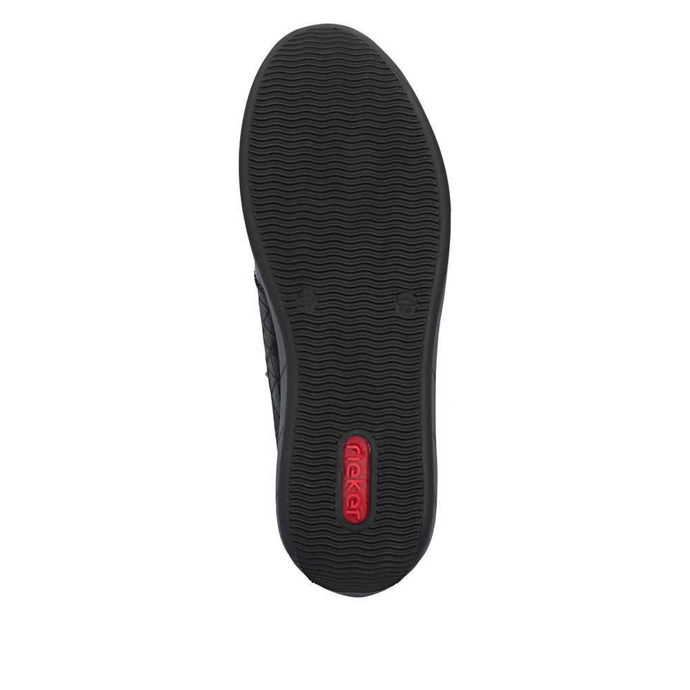 Rieker N1100-14 women's wide navy/black zip & lace shoes, sole and tread view.