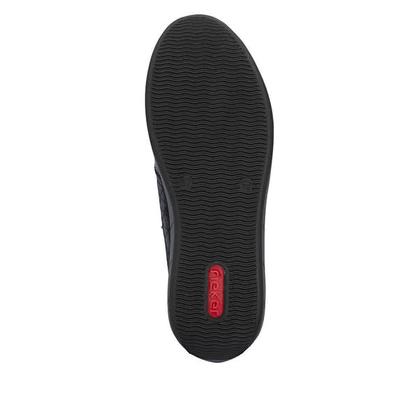 Rieker N1100-14 women's wide navy/black zip & lace shoes, sole and tread view.