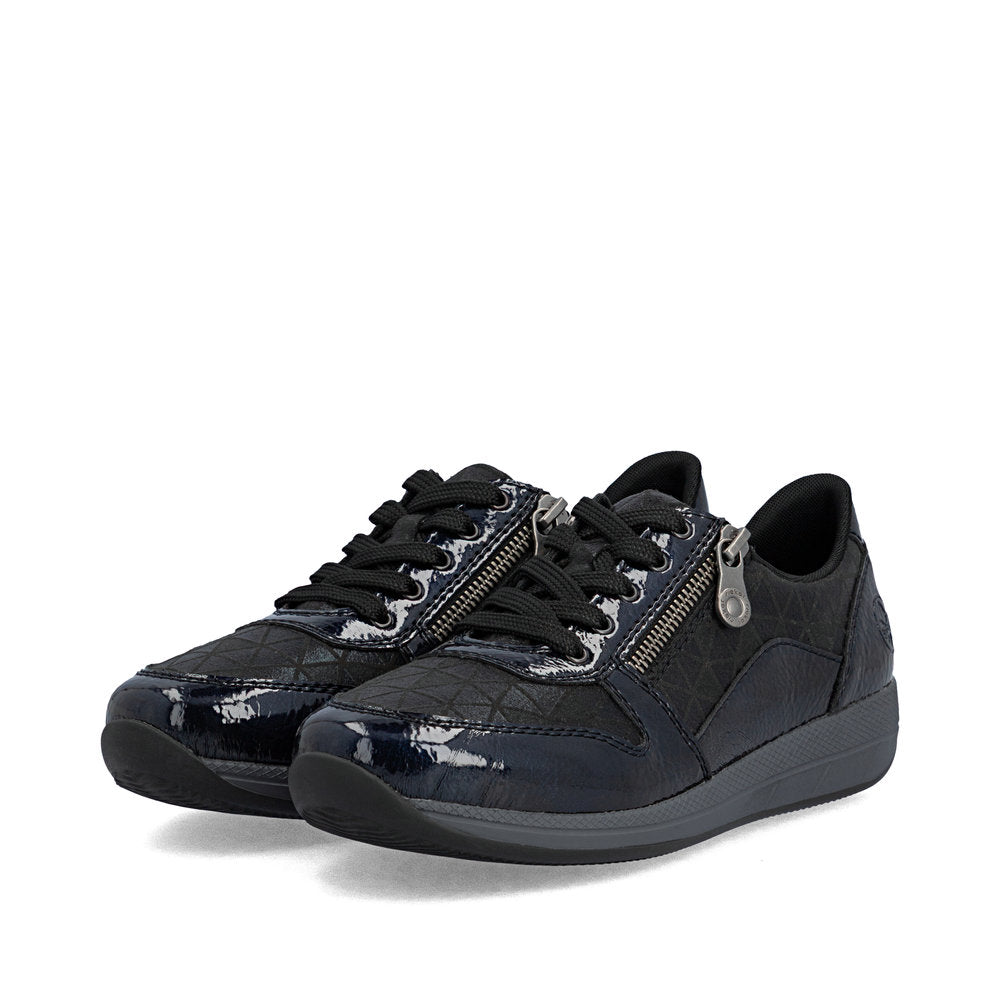 Rieker N1100-14 women's wide navy/black zip & lace shoes, paired three-quarter view.