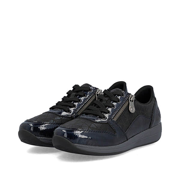 Rieker N1100-14 women's wide navy/black zip & lace shoes, paired three-quarter view.