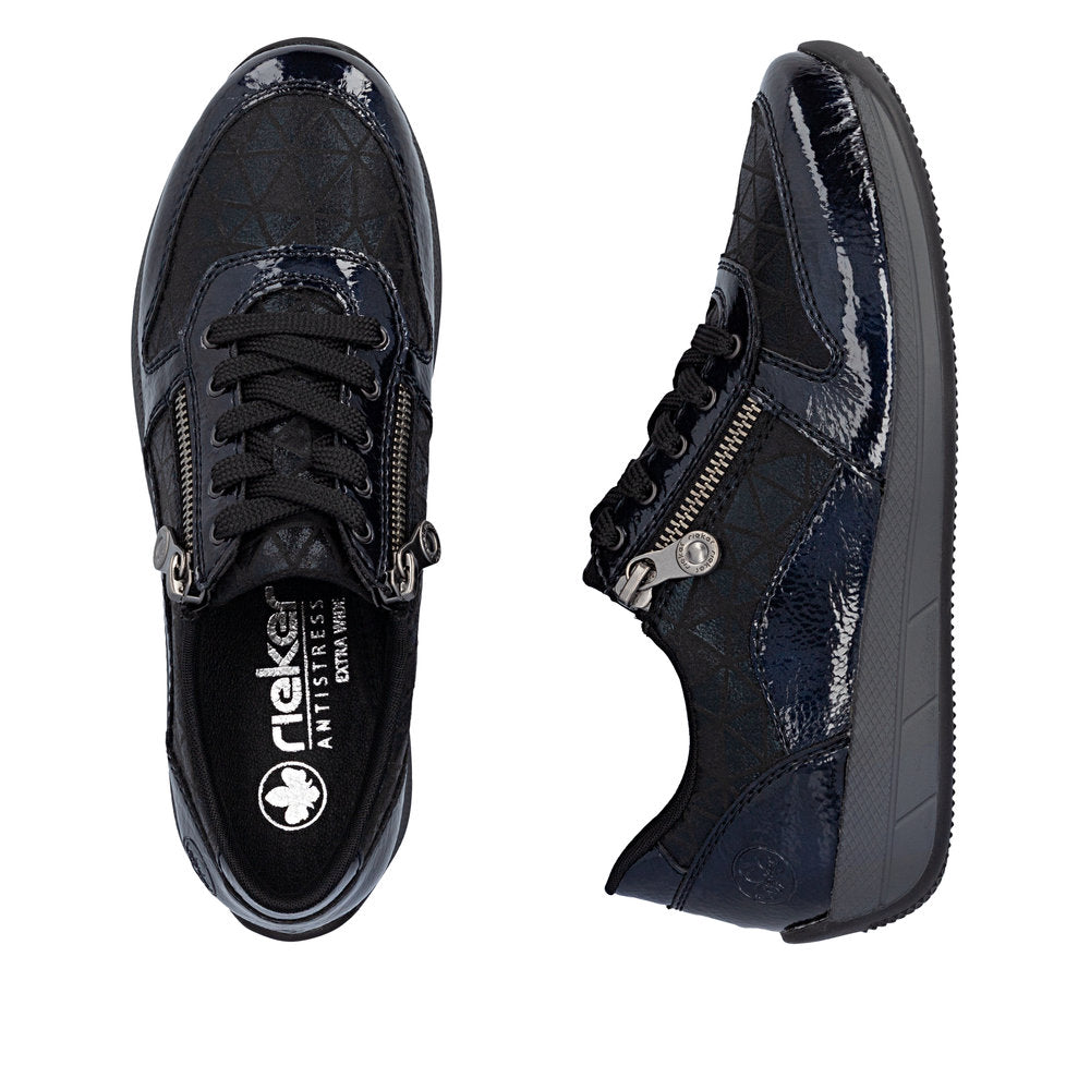 Rieker N1100-14 women's wide navy/black zip & lace shoes, two-angle product view.