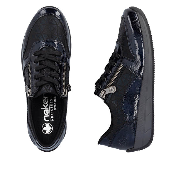 Rieker N1100-14 women's wide navy/black zip & lace shoes, two-angle product view.