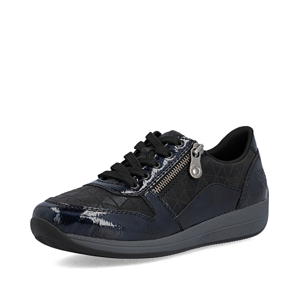 Rieker N1100-14 women's wide navy/black zip & lace shoes, front three-quarter view.